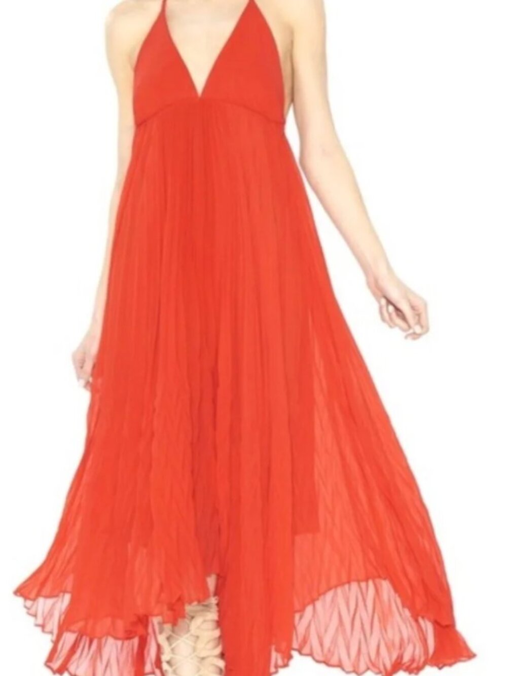 Alice + Olivia Orange Halter Pleated Silk Maxi Dress Sz 4
